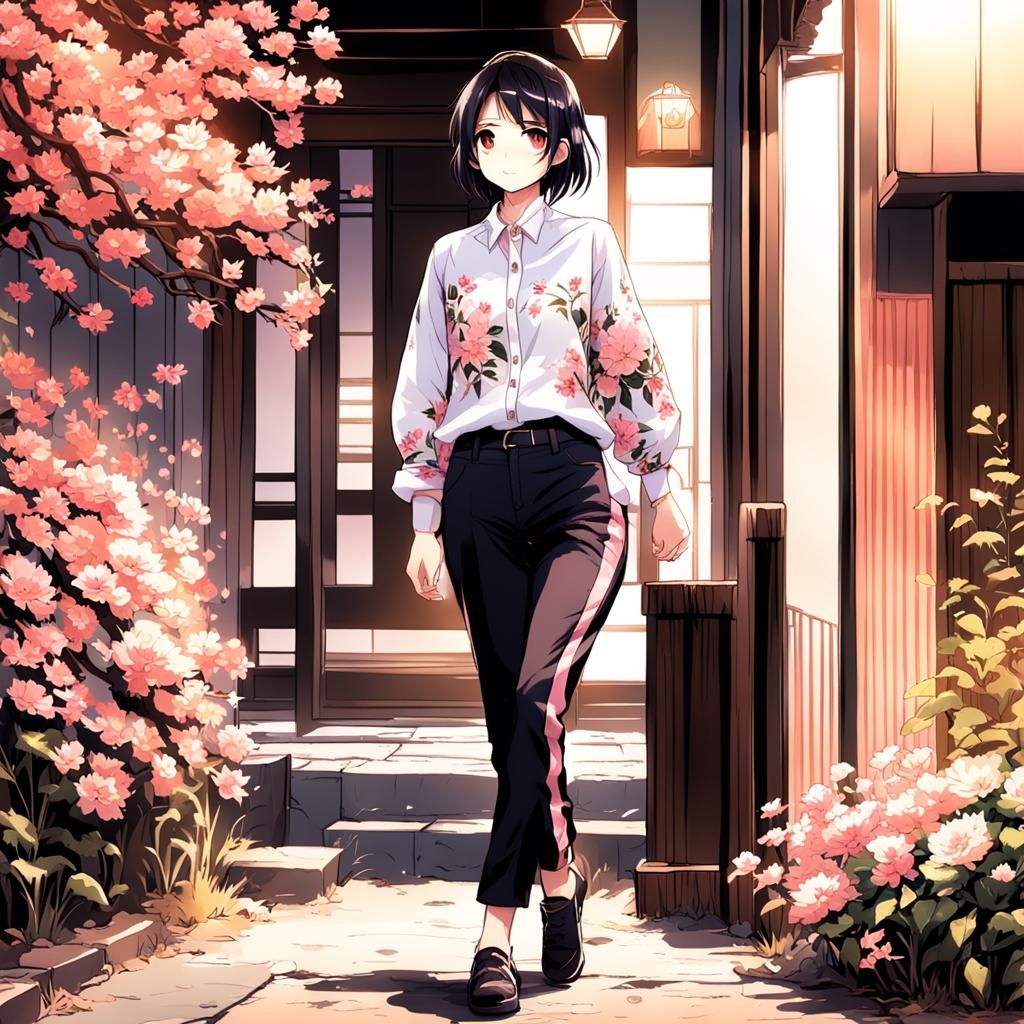 Anime Style Portrait of a Girl in Floral Shirt