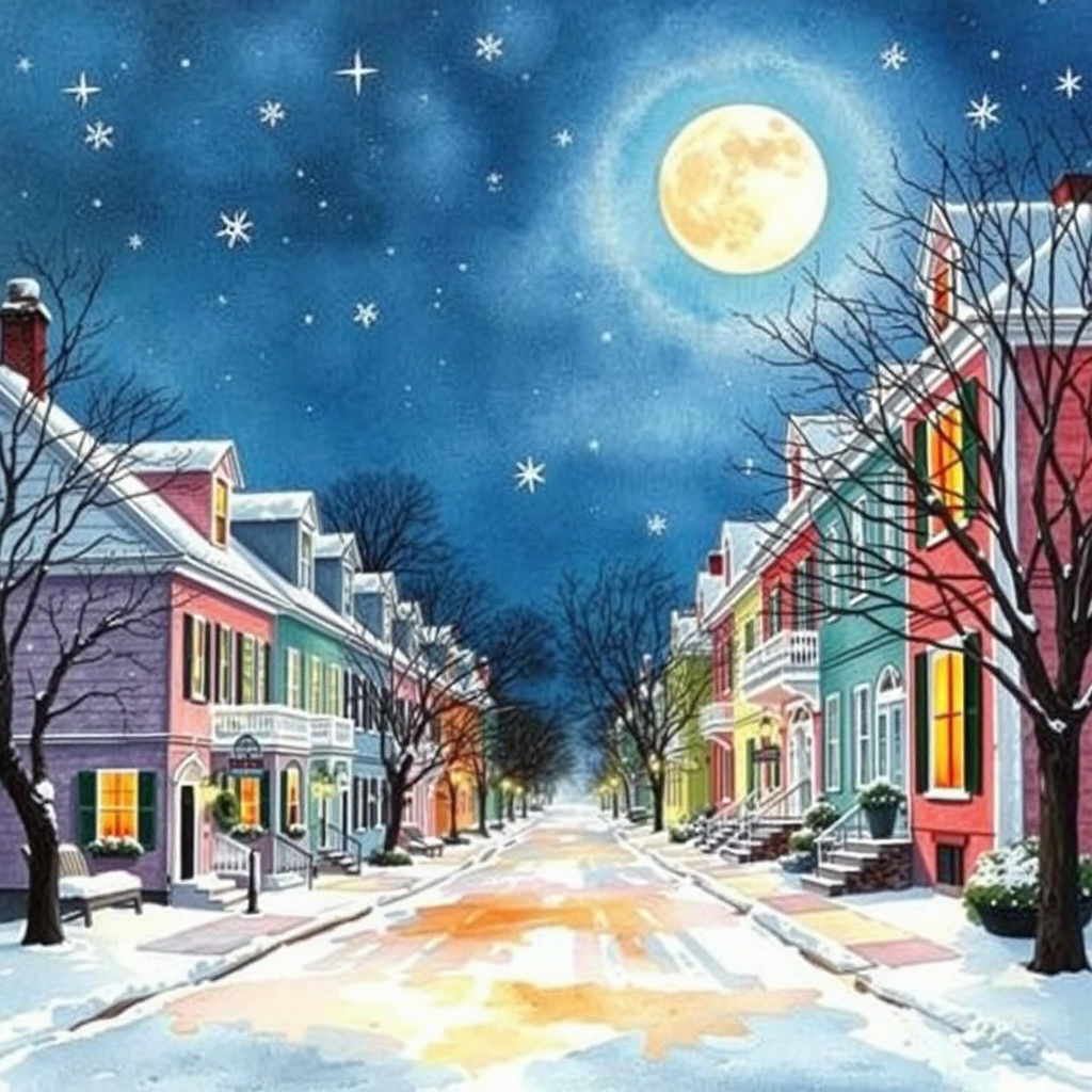 Rainbow Row, Charleston, in Watercolor Winter