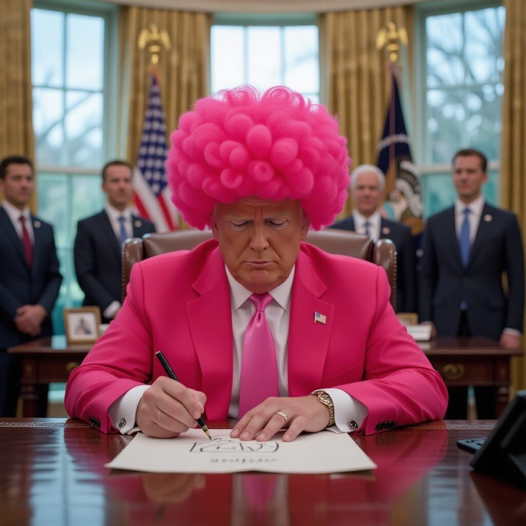 Trump's Pink Afro: Oval Office Sketch, Cinematic Still