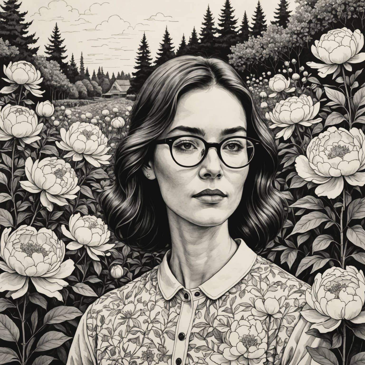 Woman in a Peony Garden Ink Drawing