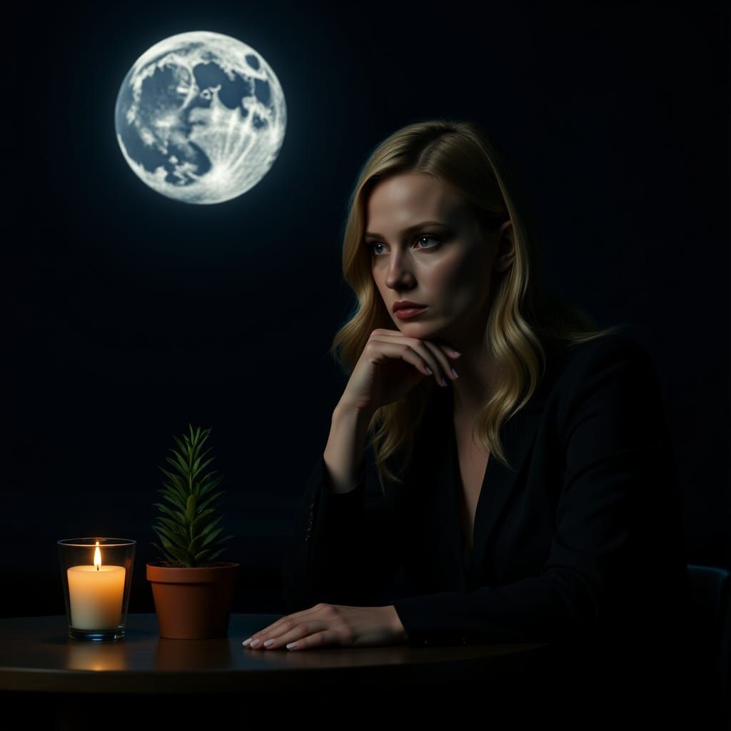 Pensive Blonde Woman Under Moonlight: Photorealistic Digital...