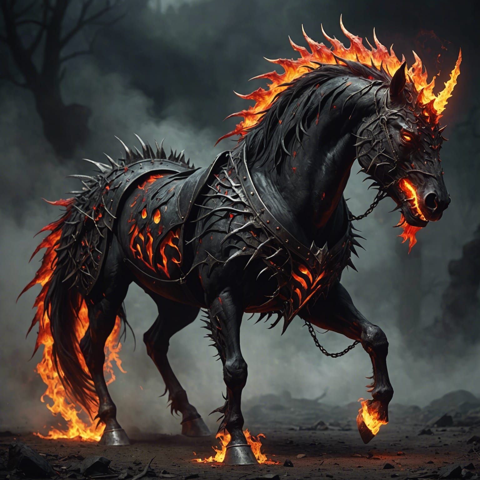 A Nightmare horse, equipped with fangs, eyes ablaze with glo...