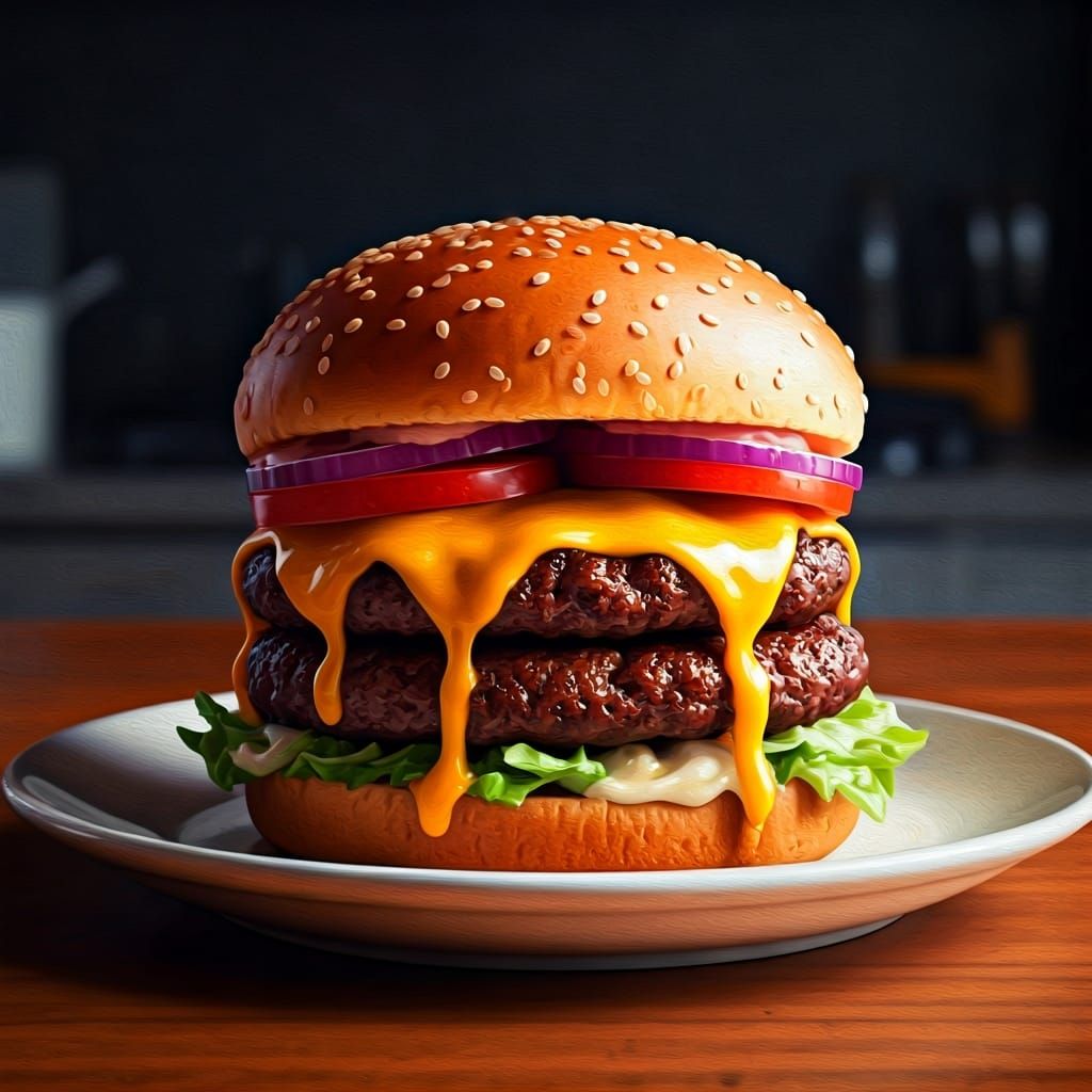 Juicy Hamburger with Dripping Cheese: Digital Painting