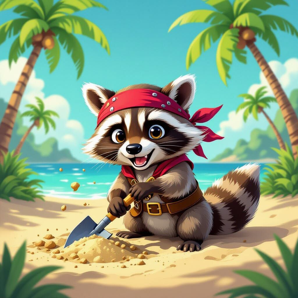 Pirate Raccoon Digging for Treasure on Desert Island