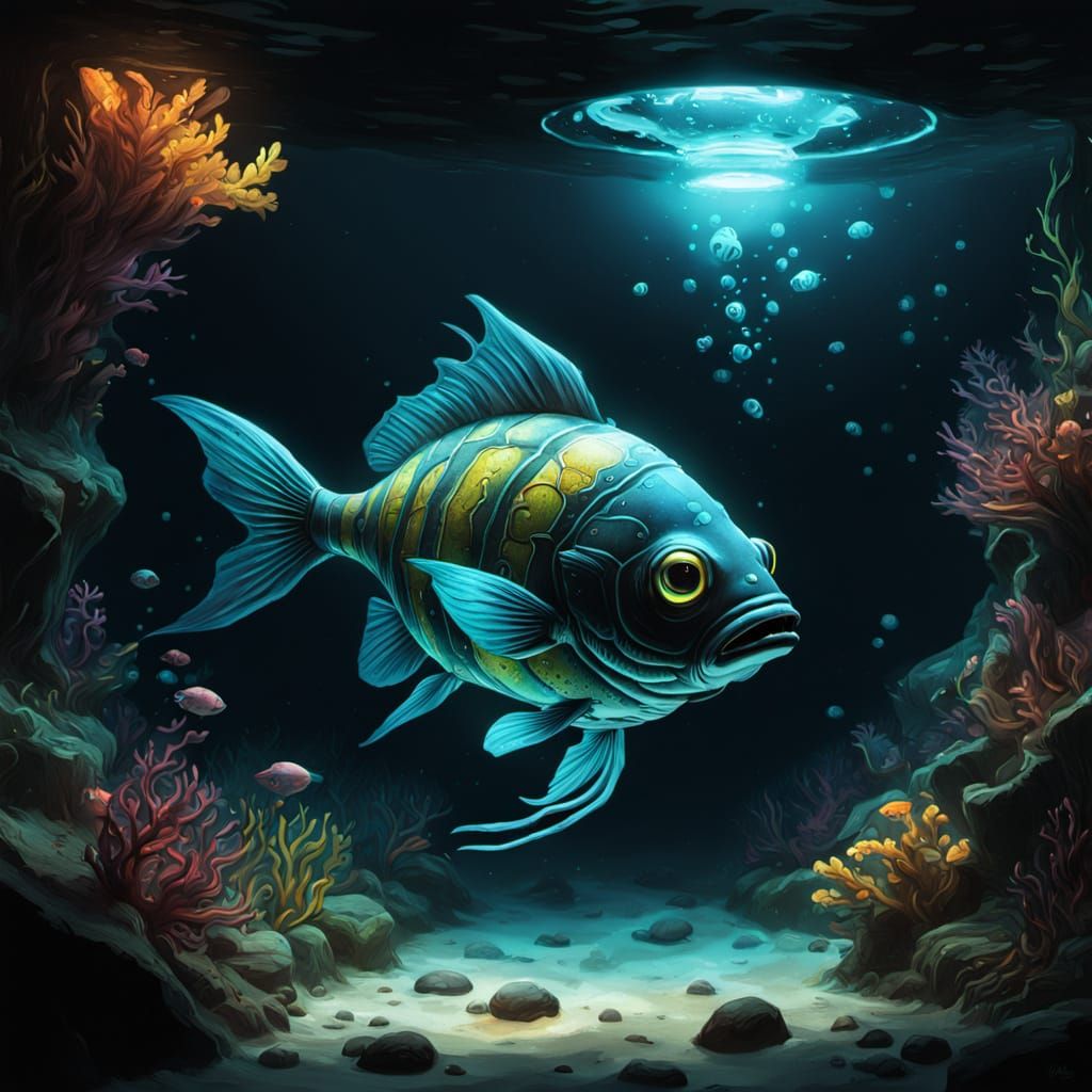 Bioluminescent Lantern Fish in Deep Trench: Graffiti Art