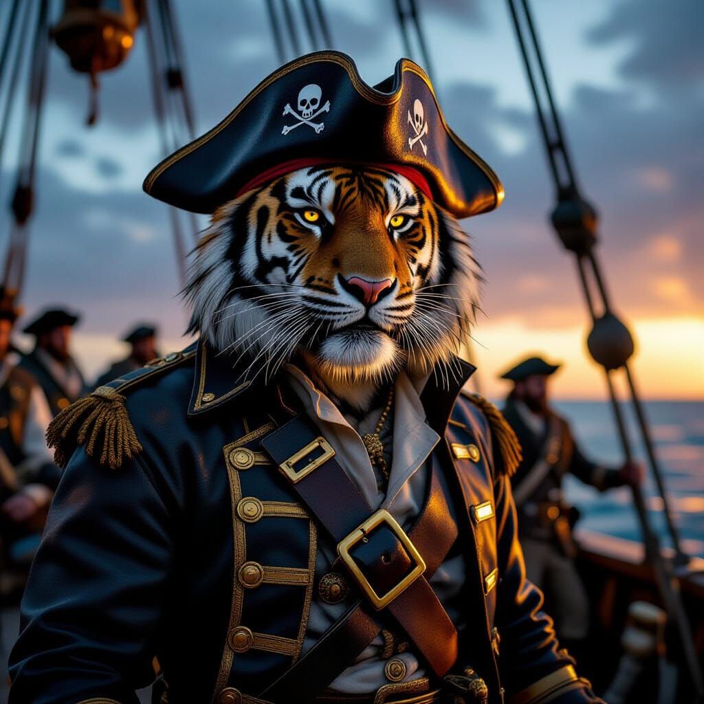 Tiger Pirate Captain on Sailing Ship in Cinematic Style