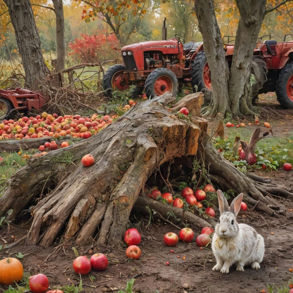 Autumnal Impressionist Rabbit with Pumpkin and Tractor