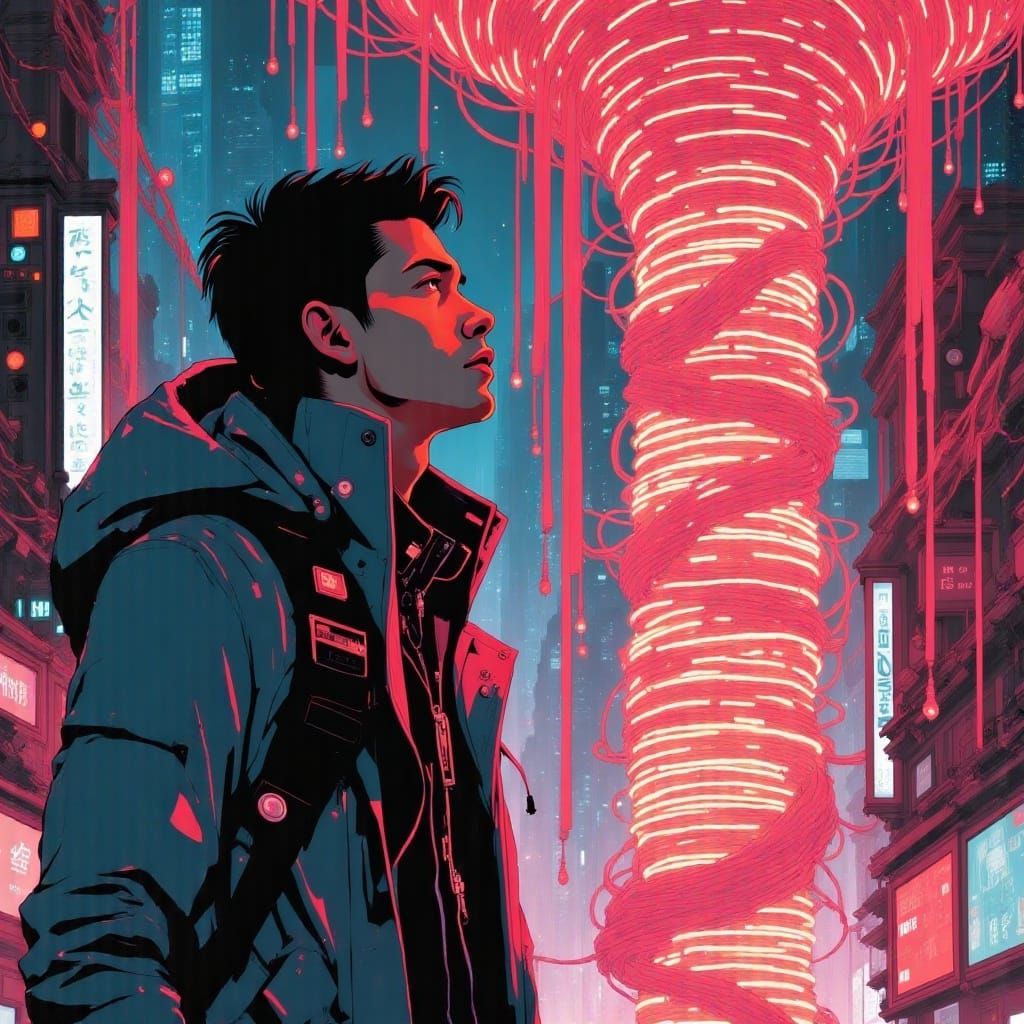 Cyberpunk Man Stares at Glowing Cable Column