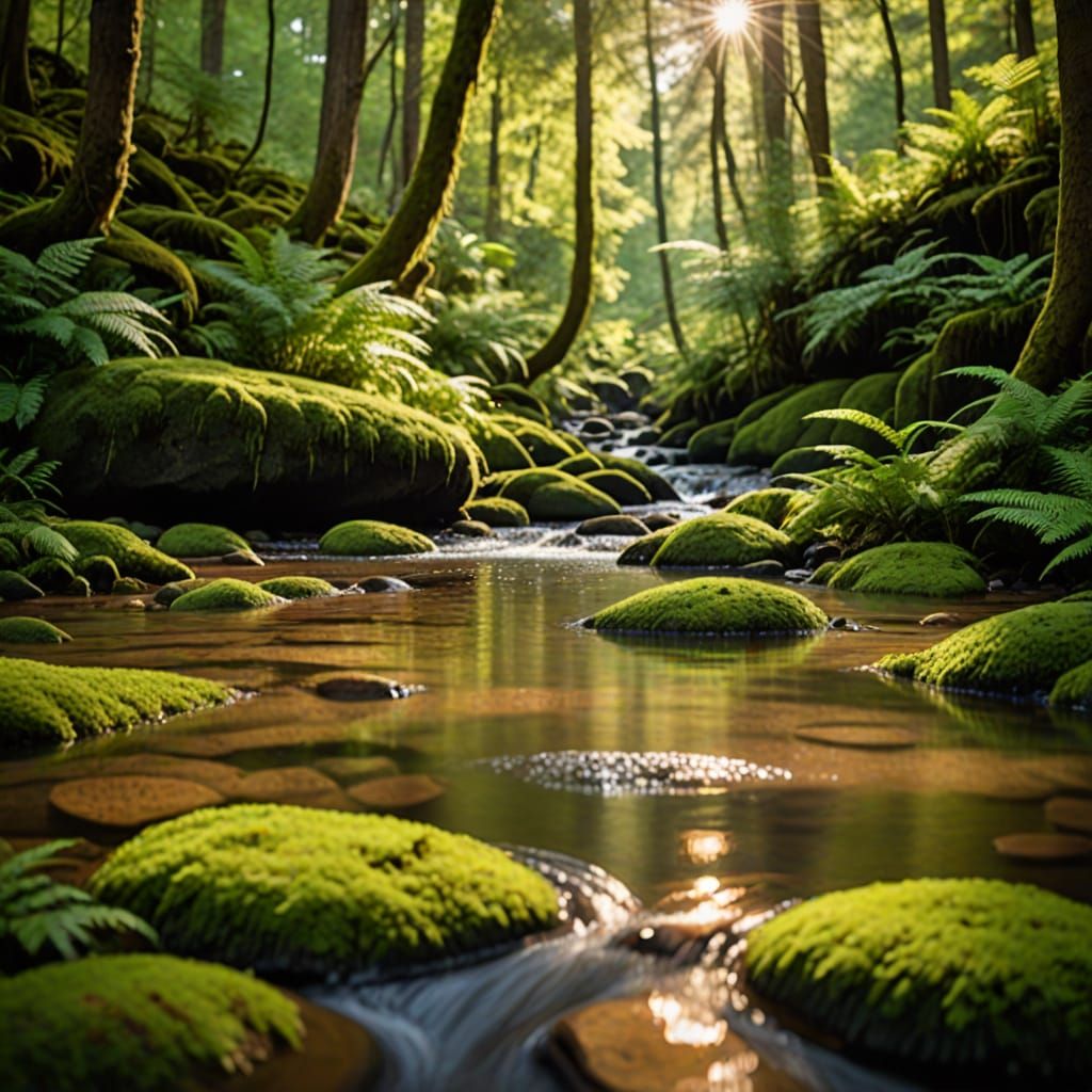 Sunlit River Through Autumn Forest, Professional Photography