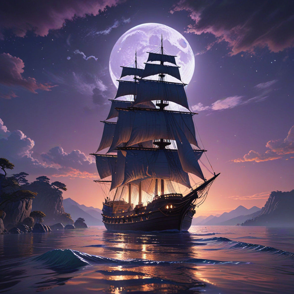 Majestic Ship Sails Against a Deep Purple Sky at Full Moon