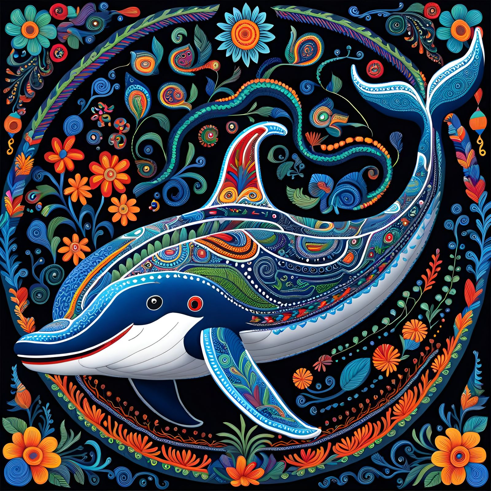 Huichol Style Whale Rider: Maximalist Artwork