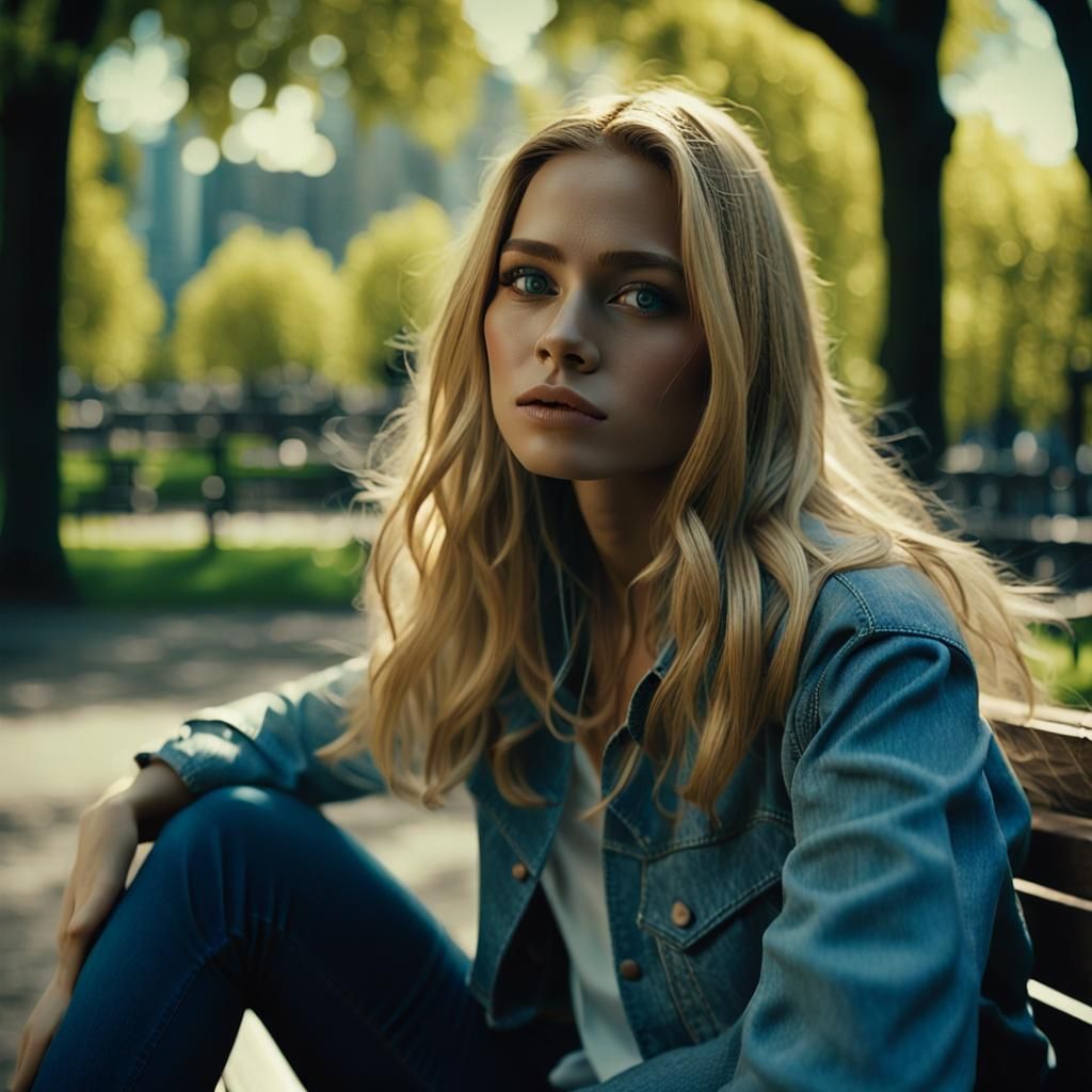 Woman on Park Bench: Realistic Cinematic Photograph
