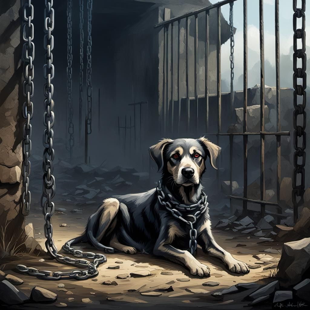 Lonely Dog Dying Outside Ruined Shelter