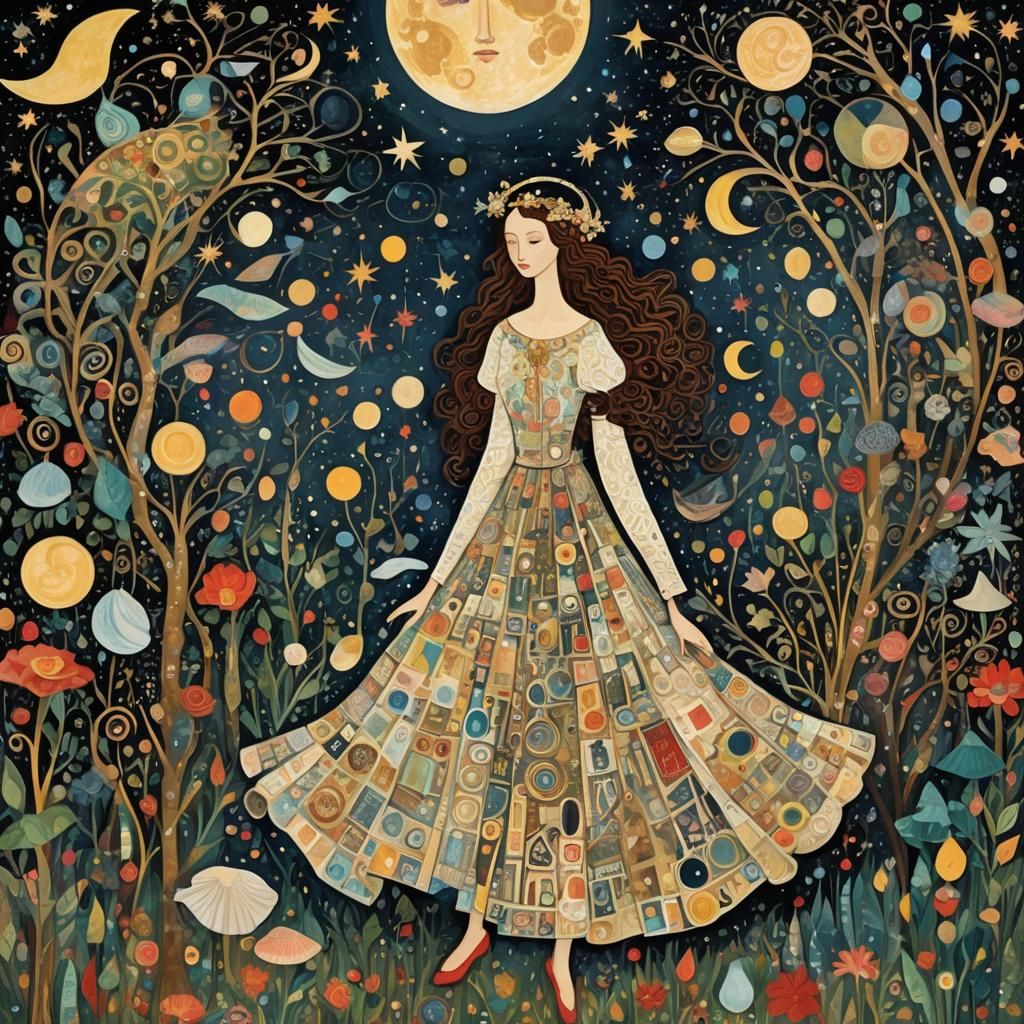 Whimsical Art: Moon, Ocean, and Angel in Steampunk Style