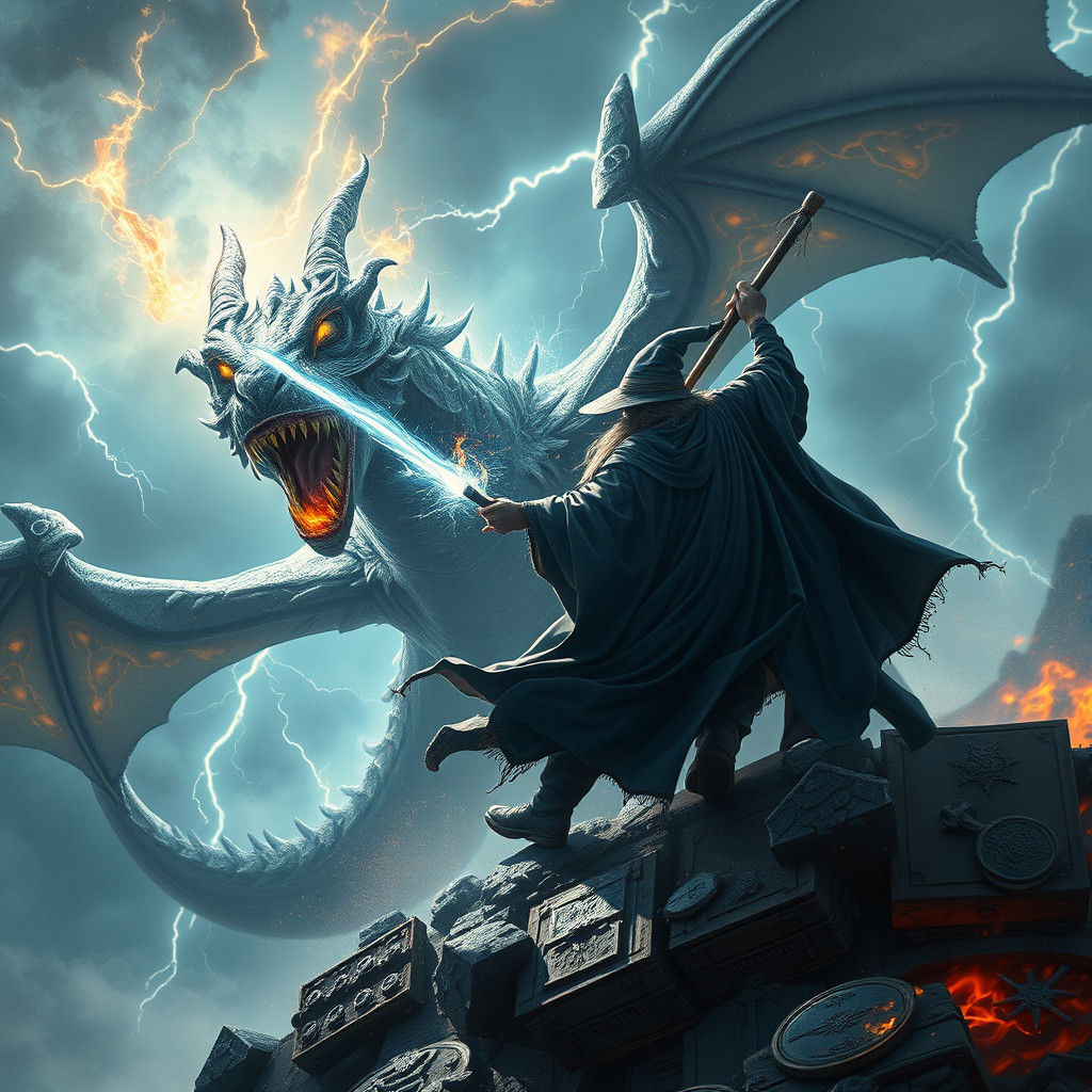 Epic Wizard Dragon Battle in Lightning Storm