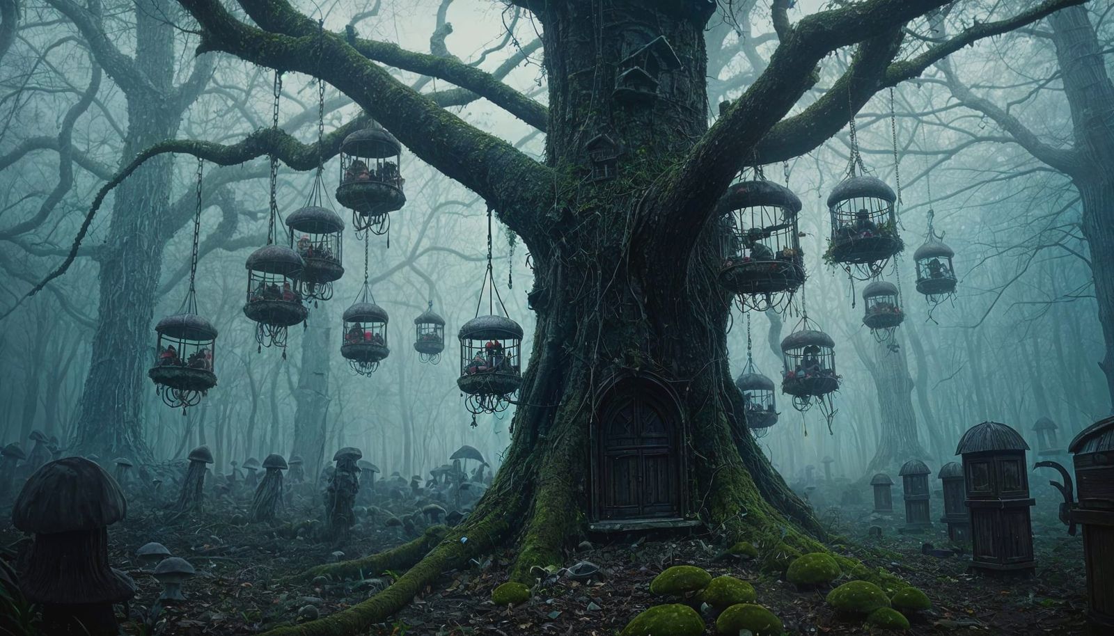 Dark Fantasy Village Amongst Deathcap Mushrooms