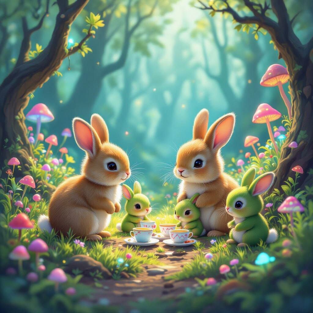 Fluffy Rabbits Explore Alien World With Green Tea Party