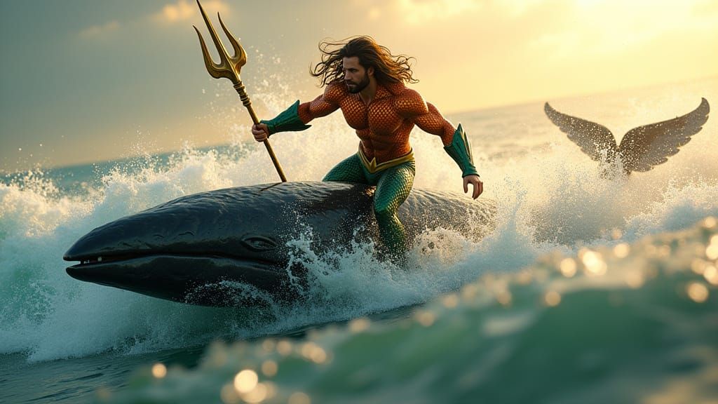 Aquaman Rides Whale Through Emerald Waves in Golden Hour
