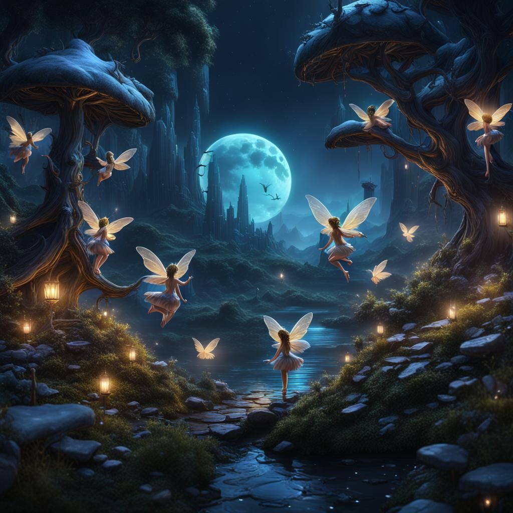 Fantastical Baby Fairies at Night in Digital Art