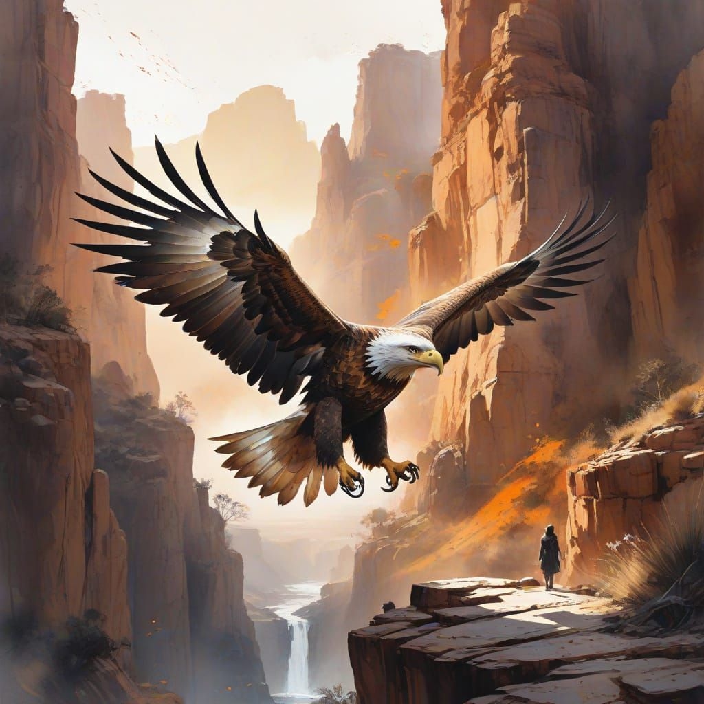 Regal Eagle Soars Above Golden Canyon Landscape