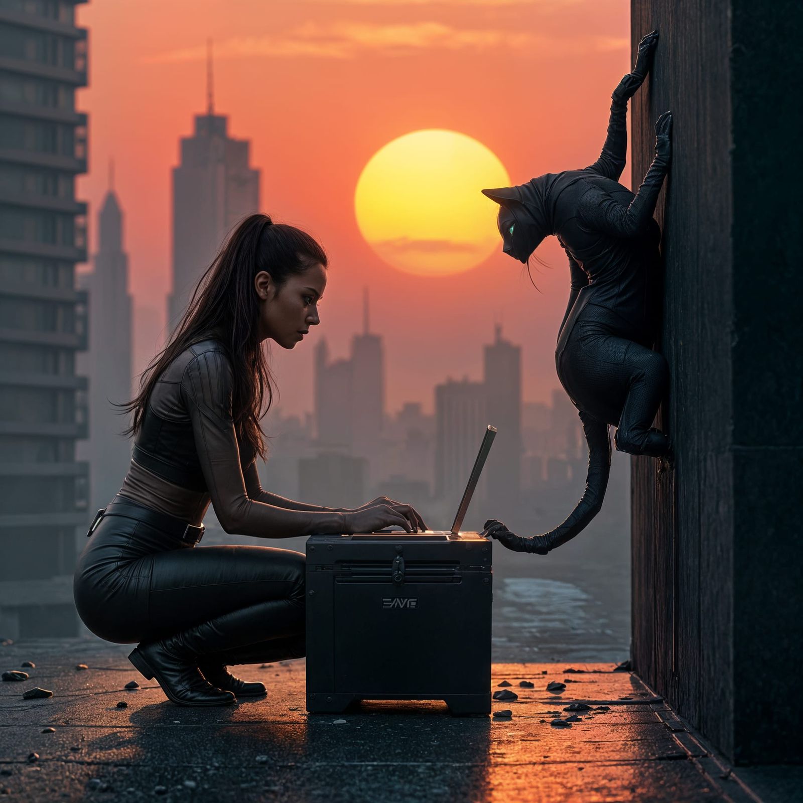 Assassin with Digital Cat in Cyberpunk City Sunset