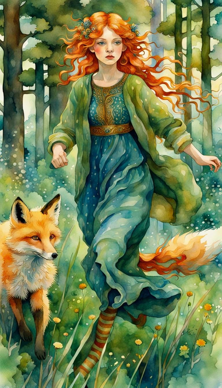 Redhead Girl and Fox Kit: Watercolor in Klimt Style