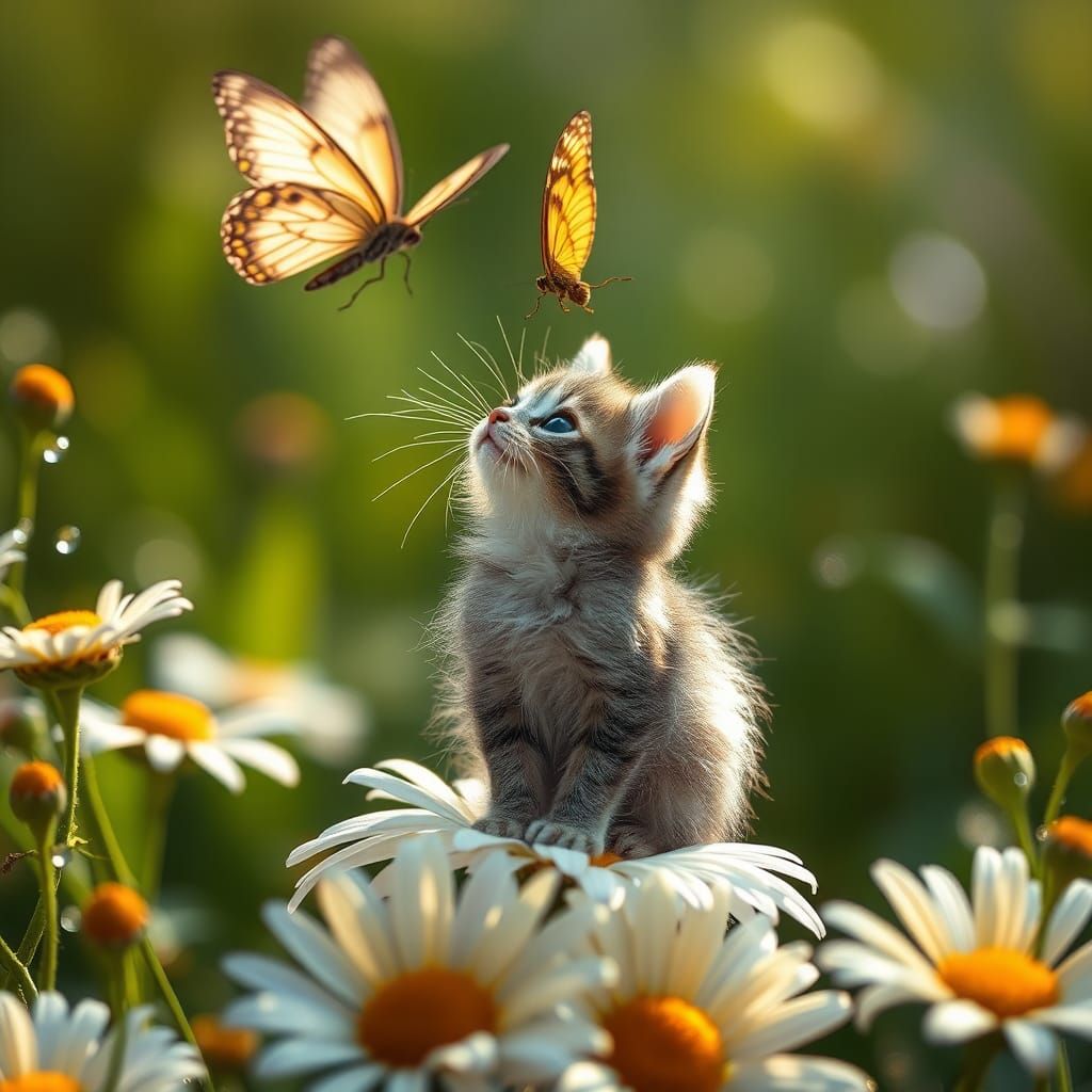 Fluffy Cat and Butterfly in Magical Garden