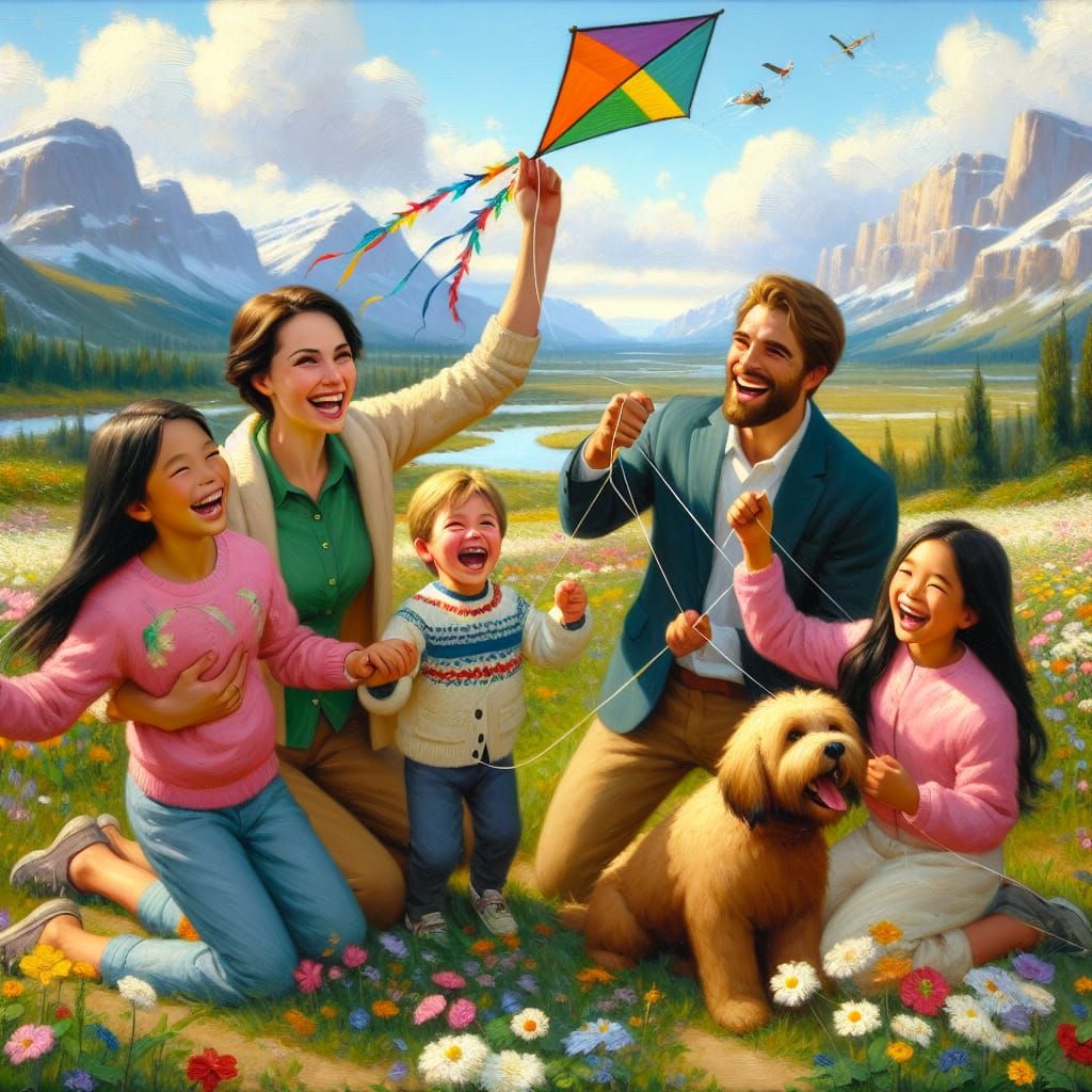 Happy Family Kite Flying: Gouache Impressionist Meadow