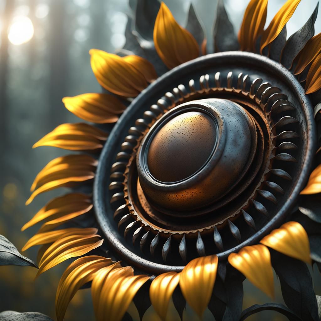 Rusty Car Part Sunflower in Mystical Forest