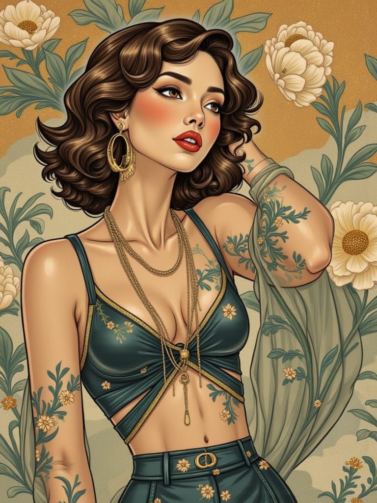 Art Deco Pin-Up Girl with Golden Accents