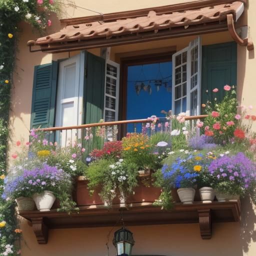 Blooming Balcony with Cat, Birds and Flowers