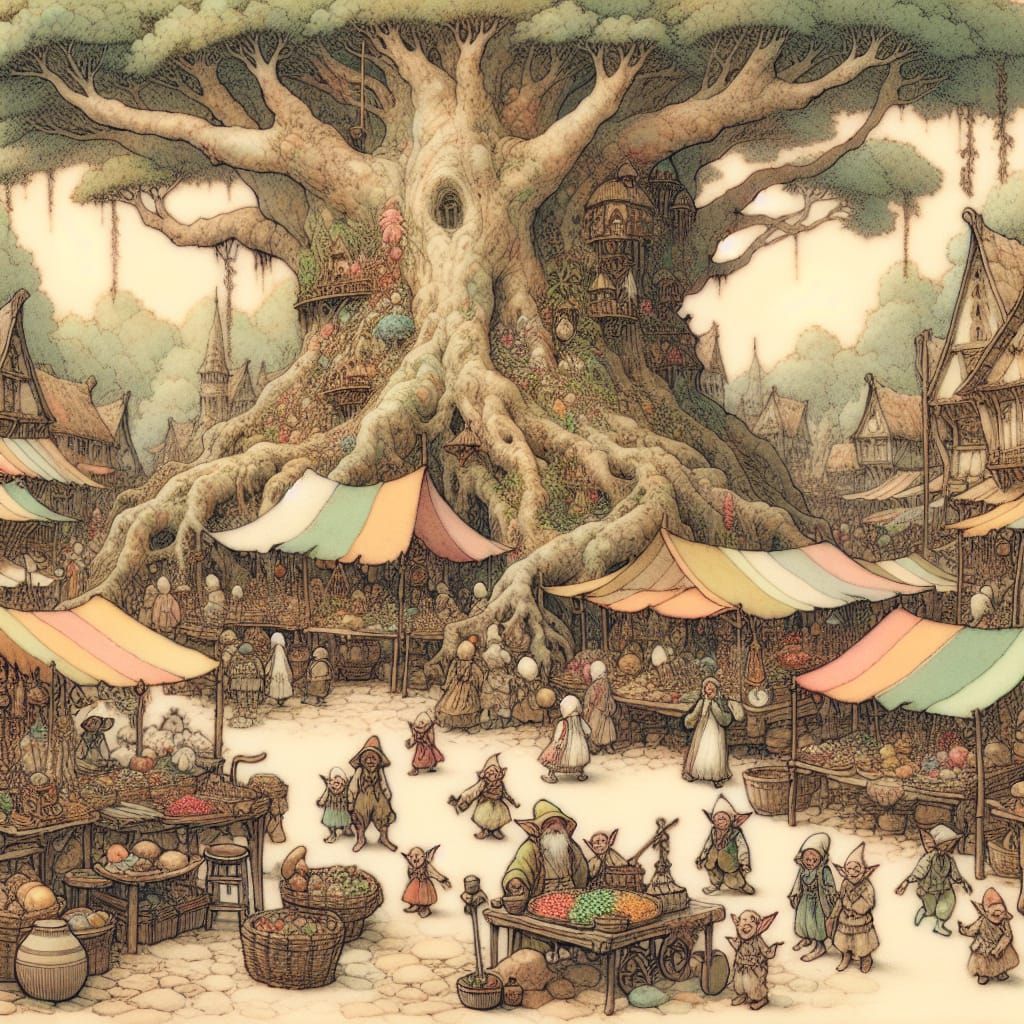 Whimsical Goblin Marketplace in Ancient Tree Roots