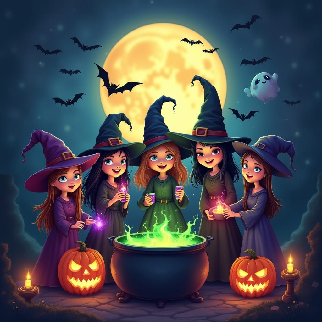 Adorable Witches Casting Spells on Halloween Night