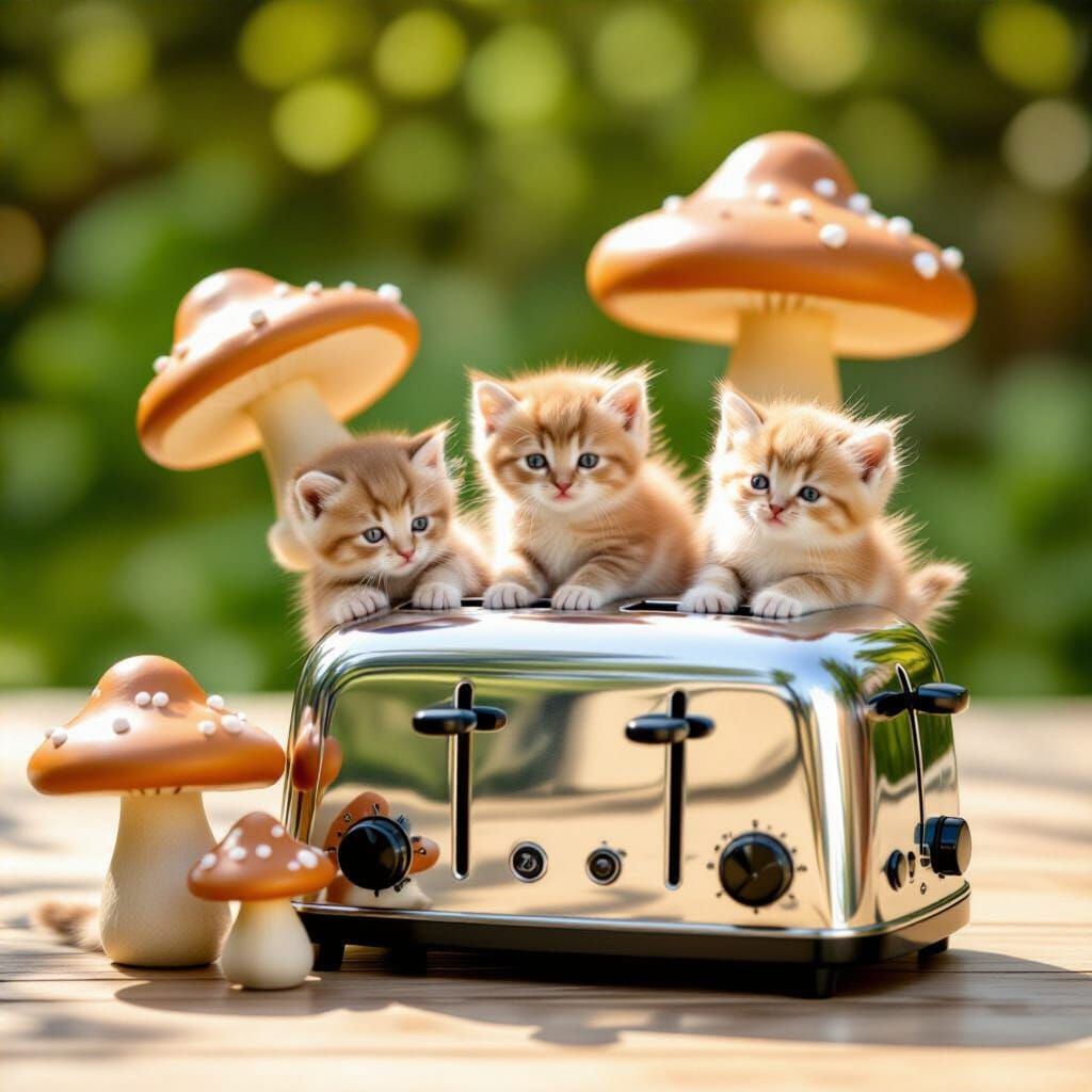 Surreal Kitten Ballet with Mushrooms and Toasters