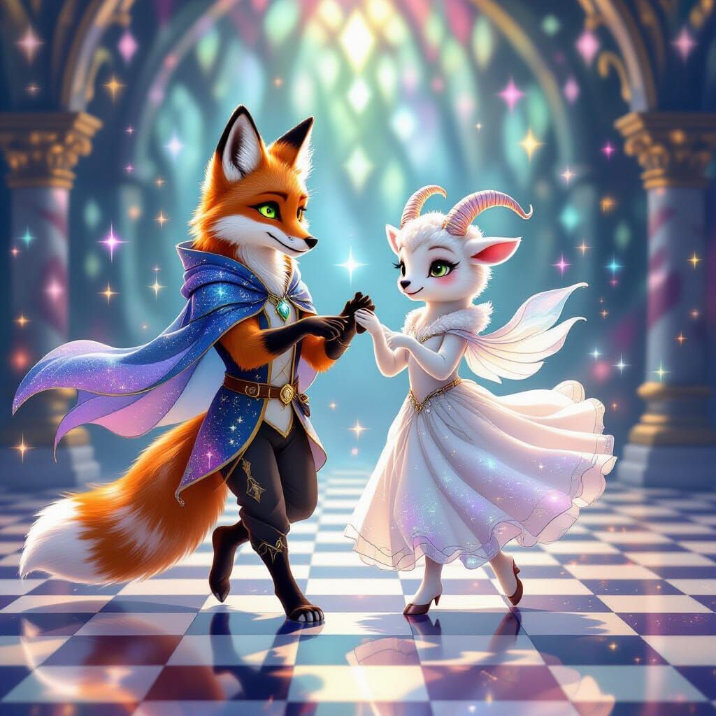 Fantasy Fox and Lamb Dance on Iridescent Floor