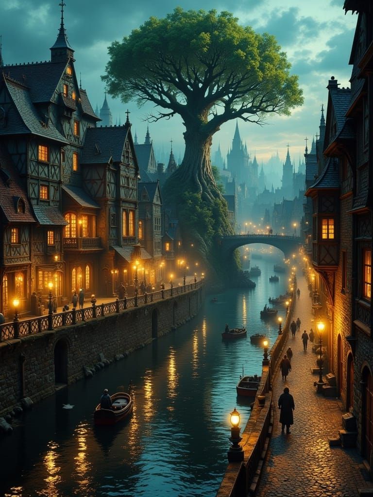 Enchanted Medieval Cityscape Unfurls at Twilight