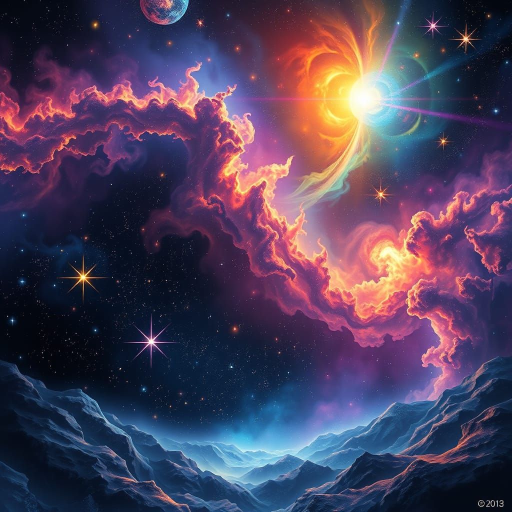 Cosmic Nebula Landscape with Swirling Stars