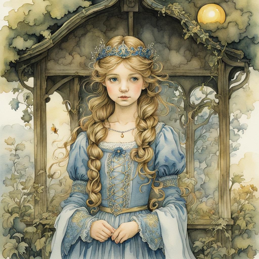 Fairytale Princess in Garden: Watercolor Illustration