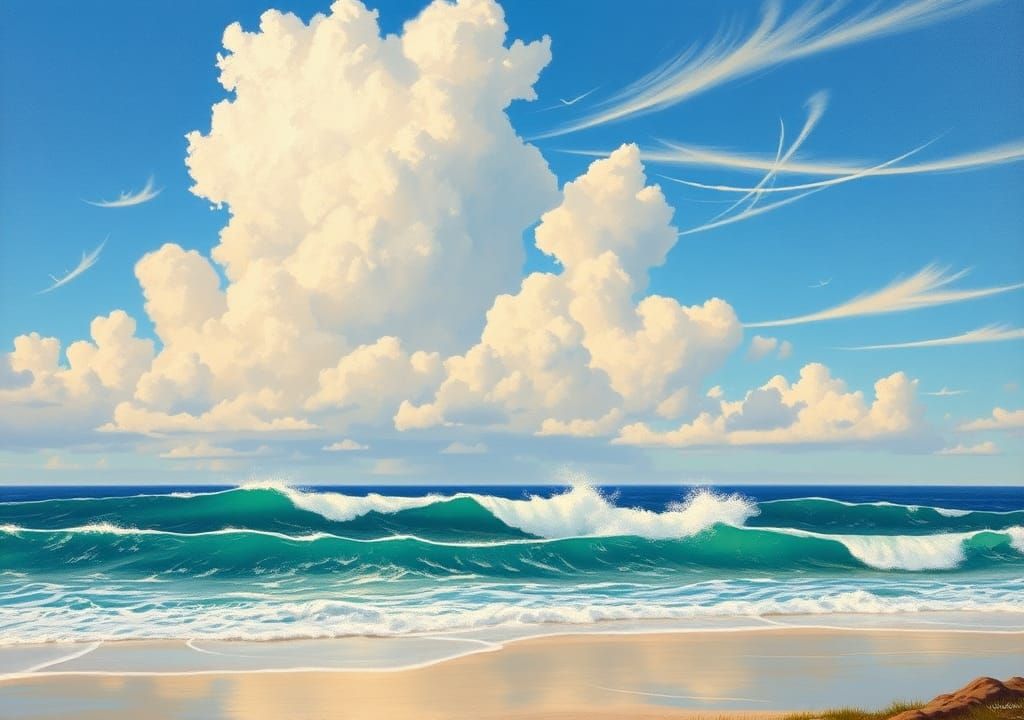 Coastal Oil Painting with Turquoise Waves and Cumulus Clouds