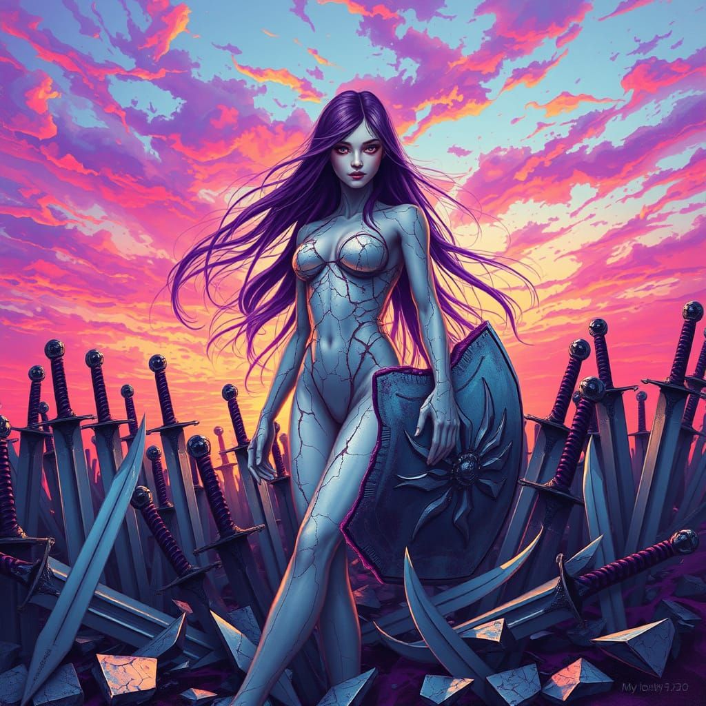 Purple Dawn Goddess Reassembles Amidst Shattered Swords