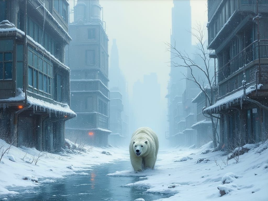 Hyper Detailed Oil Painting of a Futuristic Winter Cityscape...