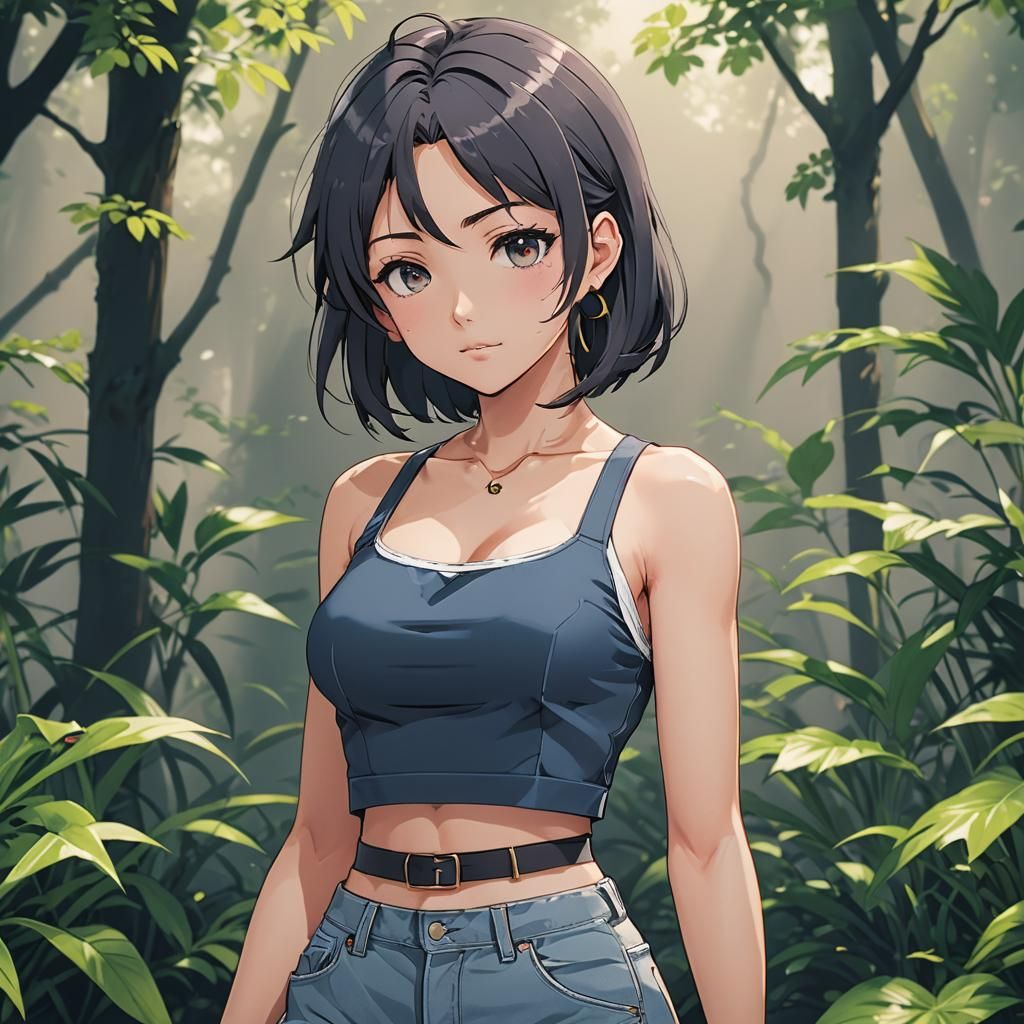 Anime Girl in Crop Top: Cel-Shaded Manga Art