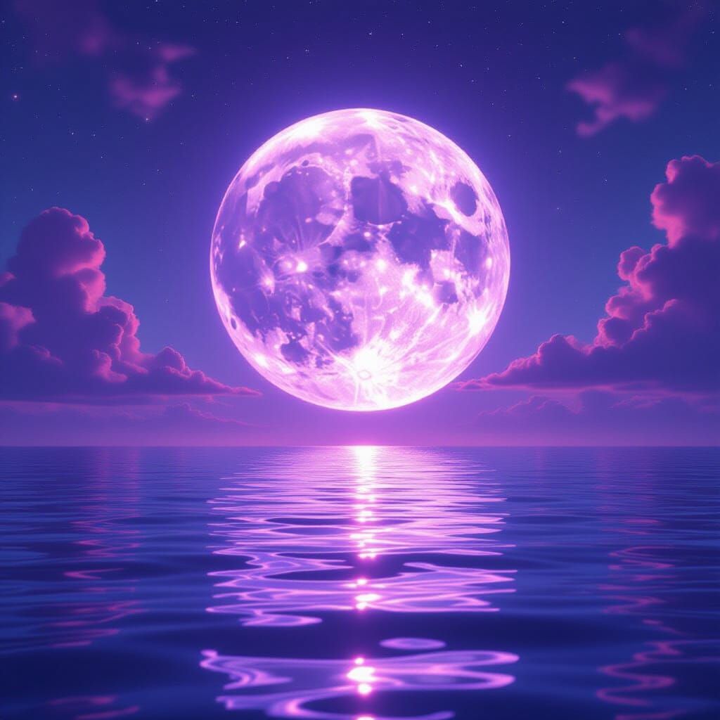 Luminous Purple Moon Over Tranquil Ocean