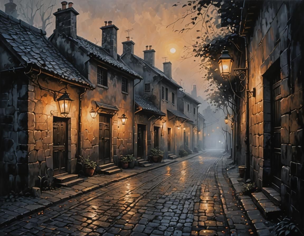 Village Alley Sunrise: Noir Acrylic Painting