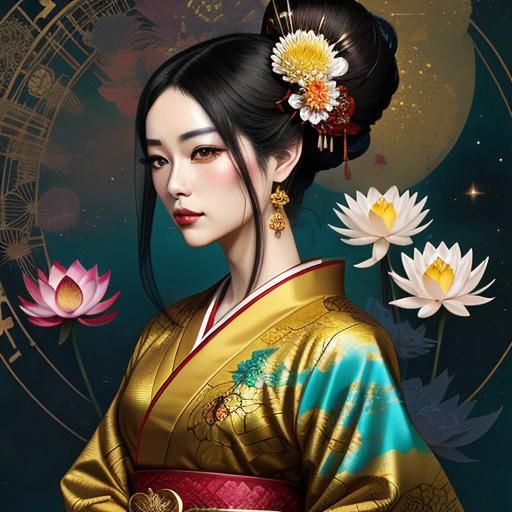 Geisha in Mirrored Reflection: A Dark Fantasy Portrait