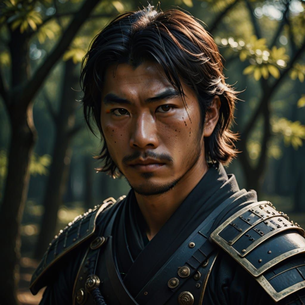 Japanese Samurai Portrait in Hyperrealistic Digital Art