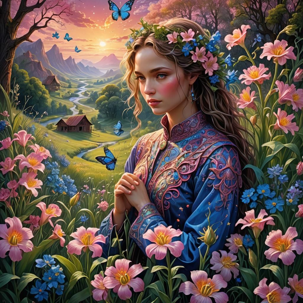 African Farm with Flowers, Detailed Digital Painting