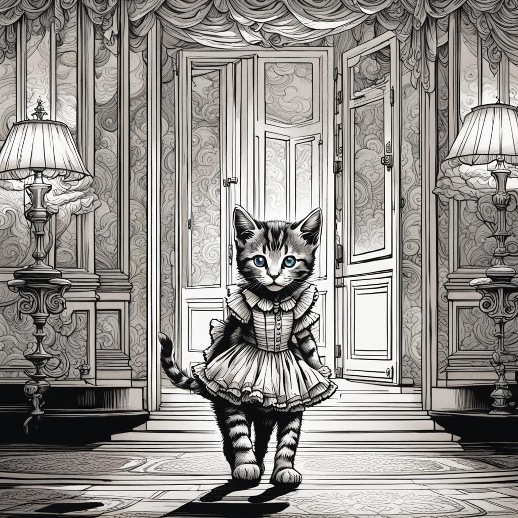 Tabby Kitten Enters Hotel: Tenniel-Inspired Illustration