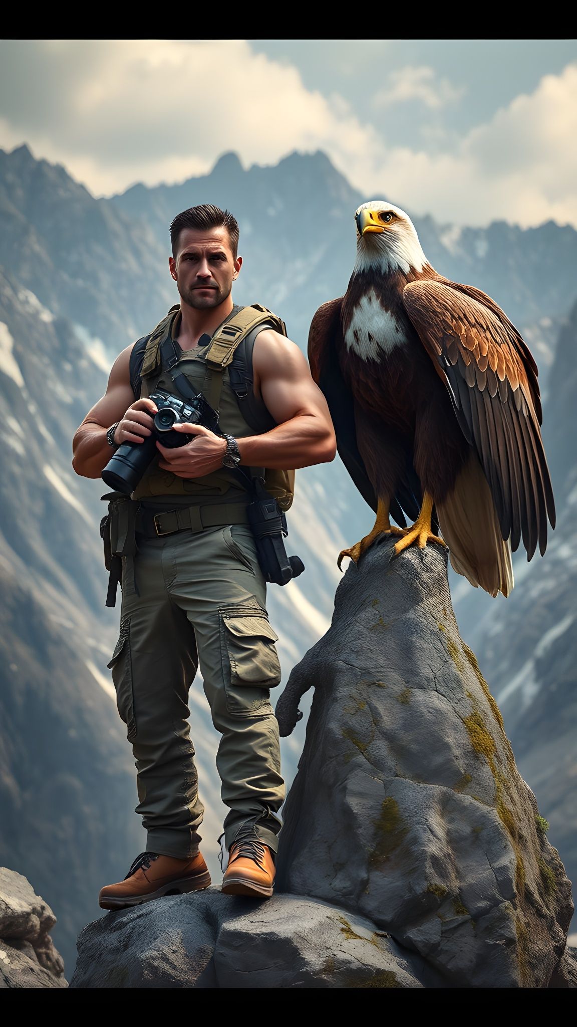 Photographer and Eagle in Rugged Mountain Landscape