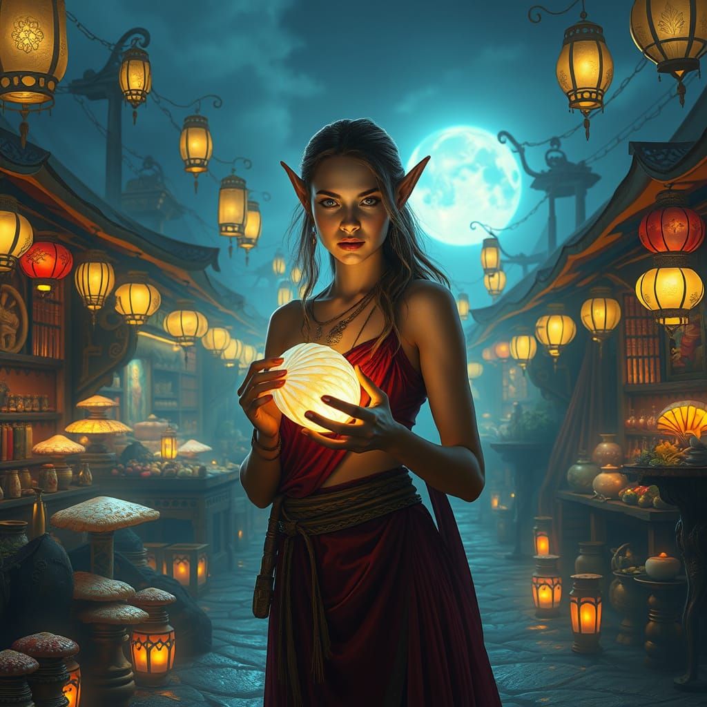 Mystical Elven Merchant in Coastal Fantasy Market at Night